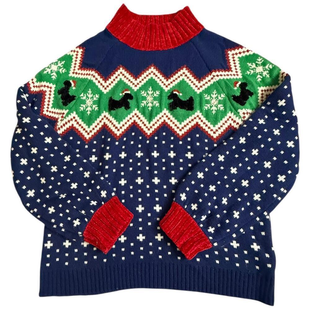 99 Jane Street Navy Christmas Sweater Dog Pattern Metallic Knit Women’s Medium